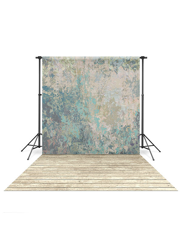 Teal Blue Texture Wall Backdrop and Ivory Wood Planks Floor Drop Bundle