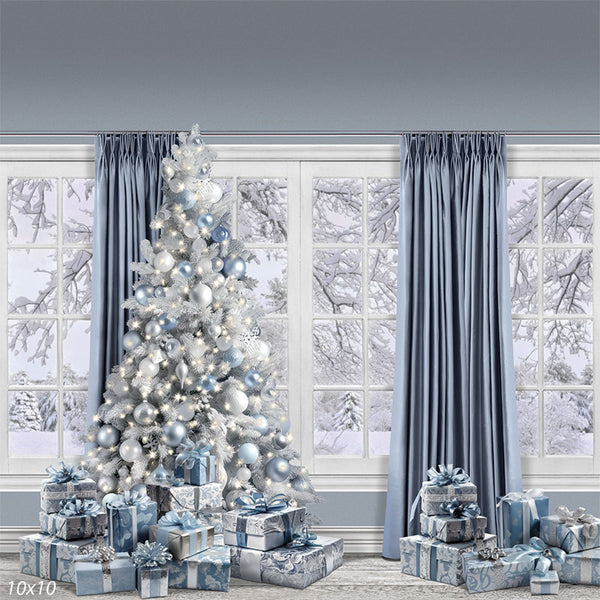 Navy Blue Book Shelf Christmas Tree Sweep Backdrop
