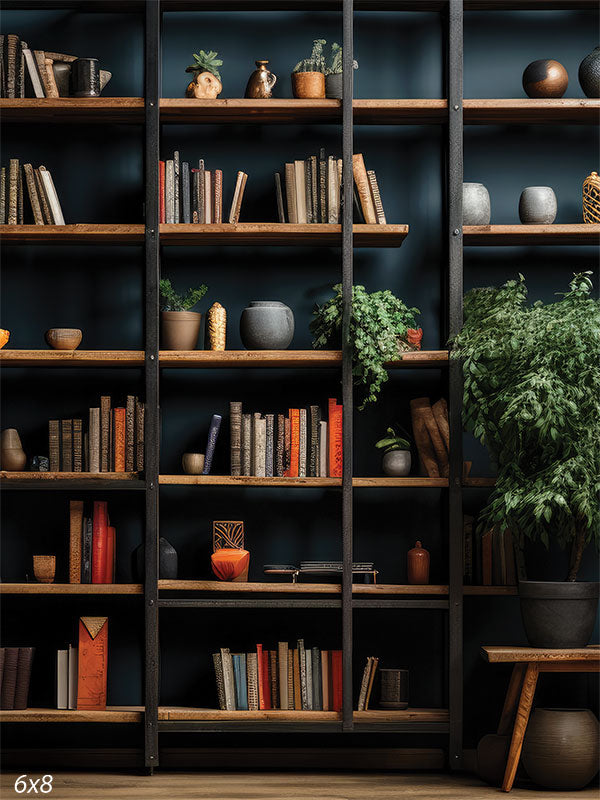 Modern Library Bookcase with Greenery Photography Backdrop