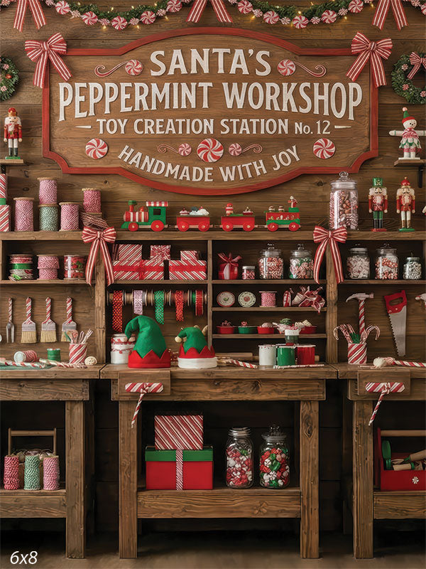 Peppermint Hollow Santa's peppermint workshop candy shelves holiday toy display Christmas backdrop CP-8912