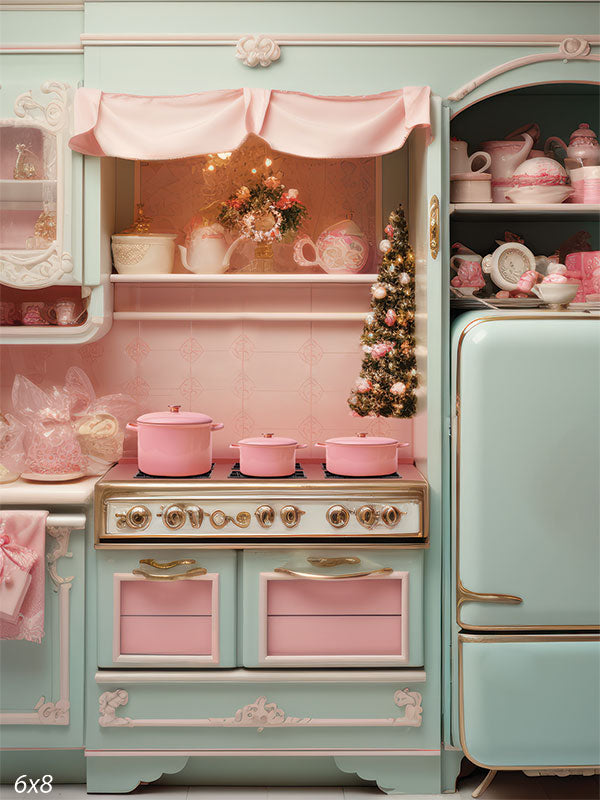 Pink and Teal Barbie Vintage Christmas Kitchen Photography Backdrop