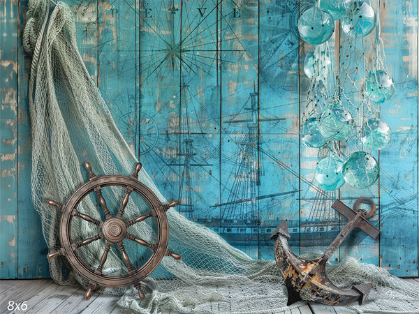 buy decorative fishing net Ship Wheel Nautical Backdrop with Anchor and Fishing Net Decor