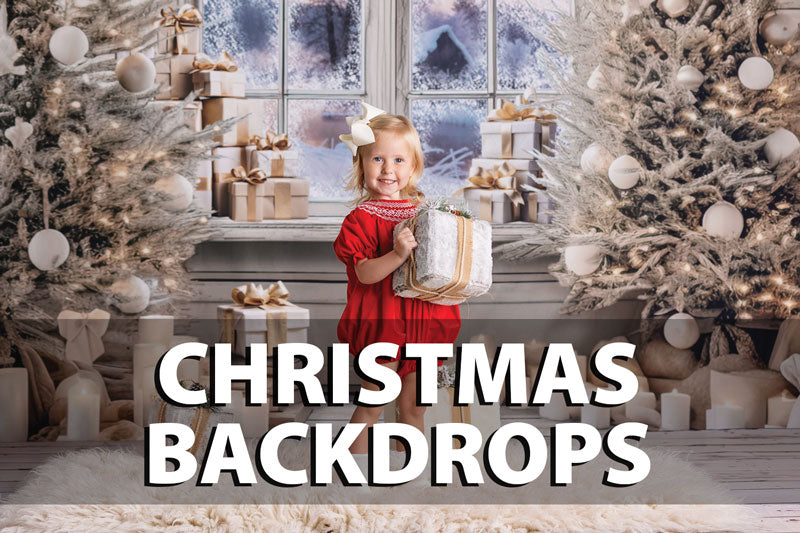 Festive Christmas backdrop featuring a decorated snowy scene with white trees, gift boxes, and a young girl holding a present, ideal for holiday studio photography sessions.