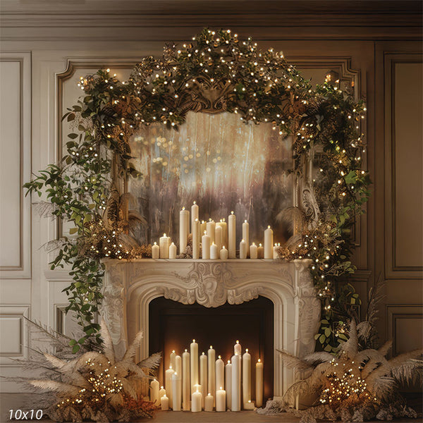 Candlelit Christmas Fireplace Backdrop with Garland & Glow - Denny Mfg