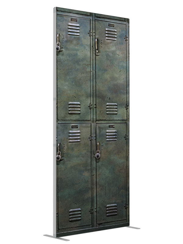 Gym Lockers shown at an angled view, photography backdrop panel for Denny StudioEdge silicone edge frame, 3 ft
