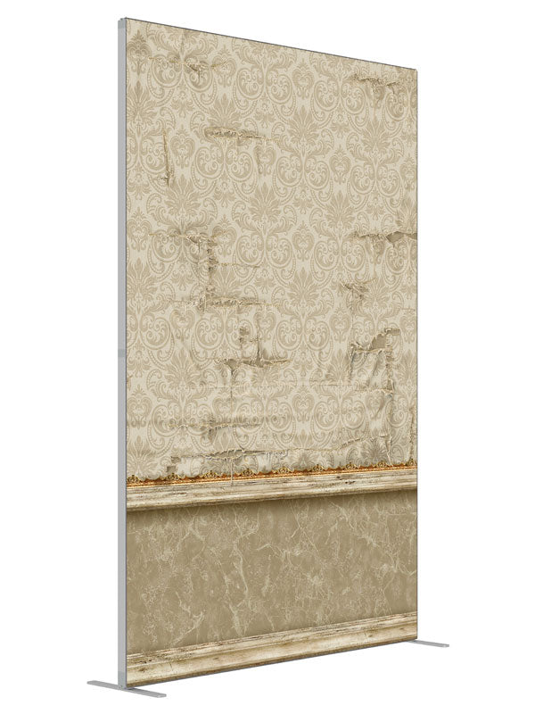 Miss Havisham Ivory Damask shown at an angled view, photography backdrop panel for Denny StudioEdge silicone edge frame, 5 ft