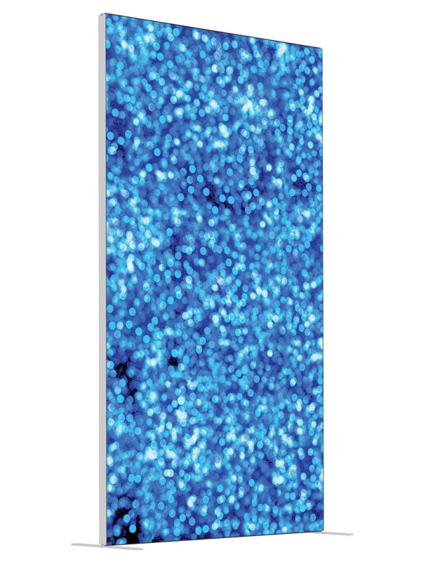 Shiny Blue Bokeh shown at an angled view, photography backdrop panel for Denny StudioEdge silicone edge frame, 4 ft