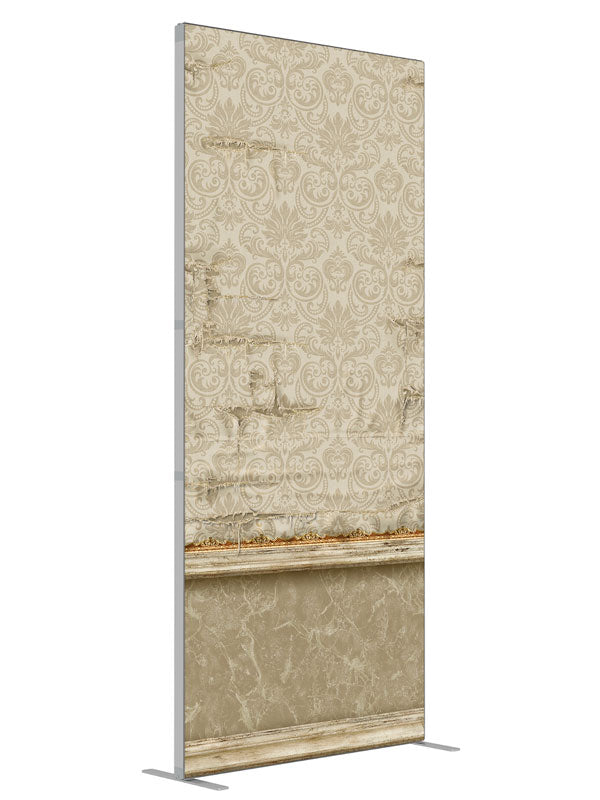Miss Havisham Ivory Damask shown at an angled view, photography backdrop panel for Denny StudioEdge silicone edge frame, 3 ft