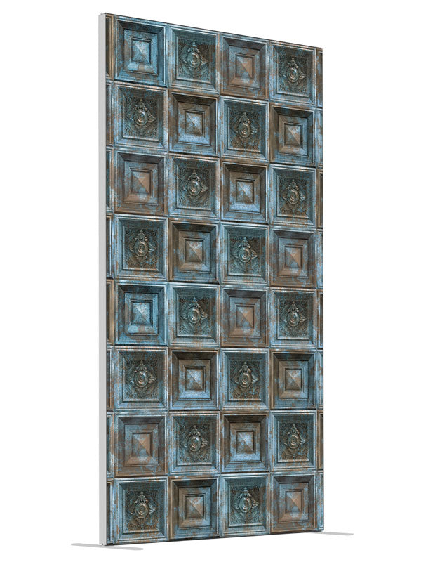 Flaking Blue Baroque shown at an angled view, photography backdrop panel for Denny StudioEdge silicone edge frame, 4 ft
