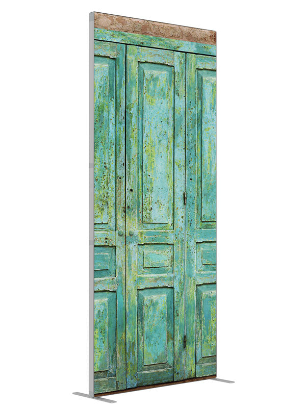 Turquoise Cabinets shown at an angled view, photography backdrop panel for Denny StudioEdge silicone edge frame, 3 ft
