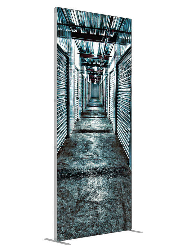 Sleek Industrial Storage Corridor shown at an angled view, photography backdrop panel for Denny StudioEdge silicone edge frame, 3 ft