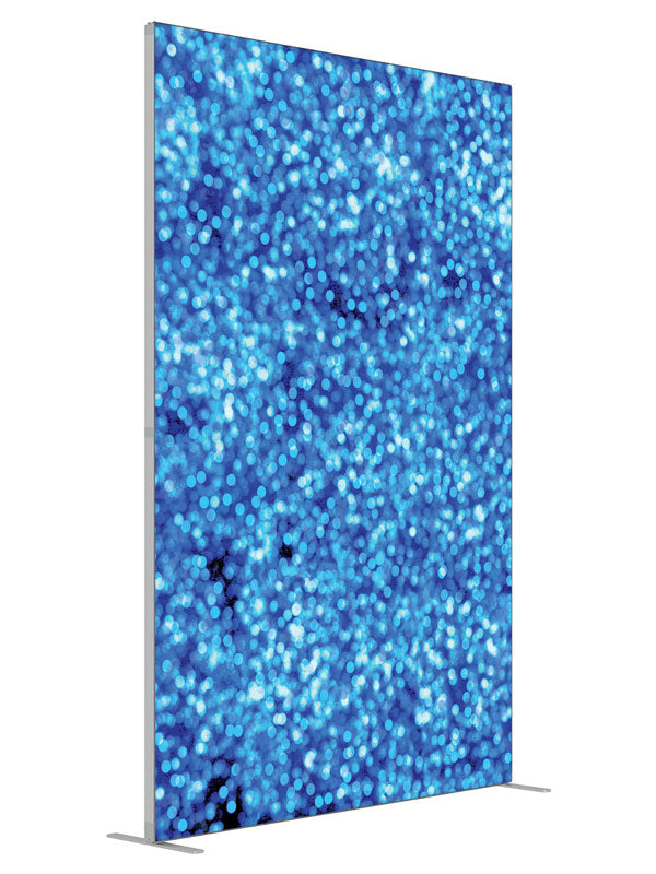 Shiny Blue Bokeh shown at an angled view, photography backdrop panel for Denny StudioEdge silicone edge frame, 5 ft