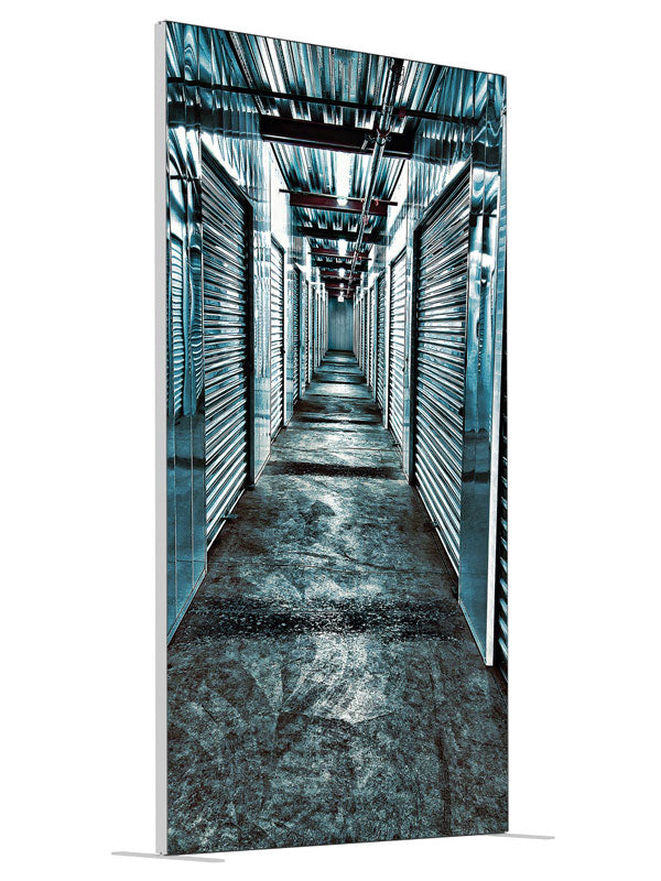 Sleek Industrial Storage Corridor shown at an angled view, photography backdrop panel for Denny StudioEdge silicone edge frame, 4 ft