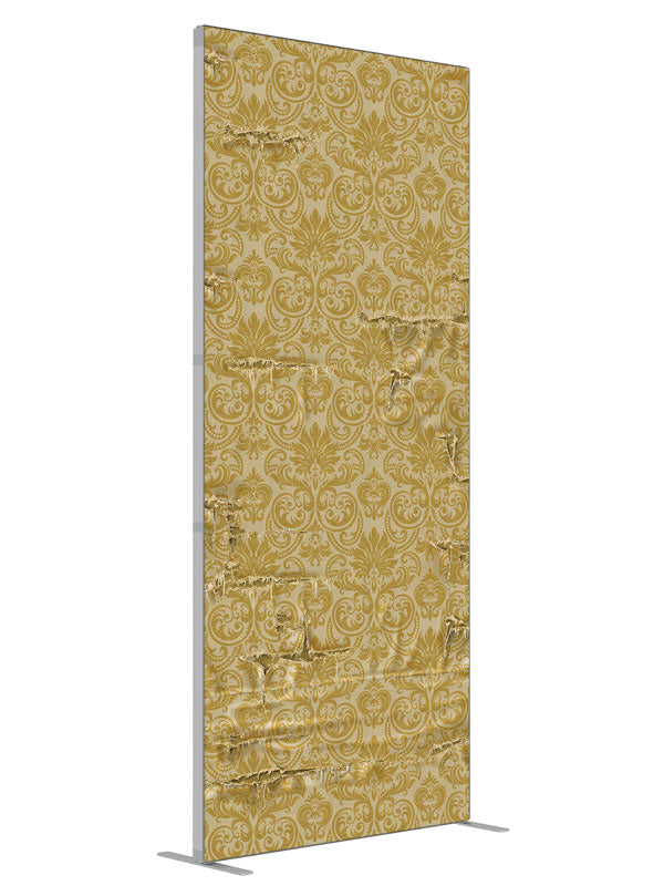 Estella Yellow Damask shown at an angled view, photography backdrop panel for Denny StudioEdge silicone edge frame, 3 ft