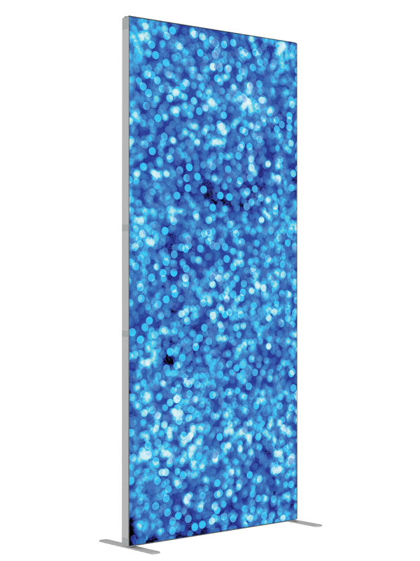 Shiny Blue Bokeh shown at an angled view, photography backdrop panel for Denny StudioEdge silicone edge frame, 3 ft