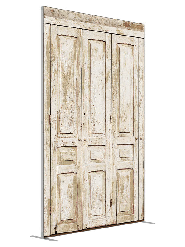Ivory Cabinets shown at an angled view, photography backdrop panel for Denny StudioEdge silicone edge frame, 5 ft