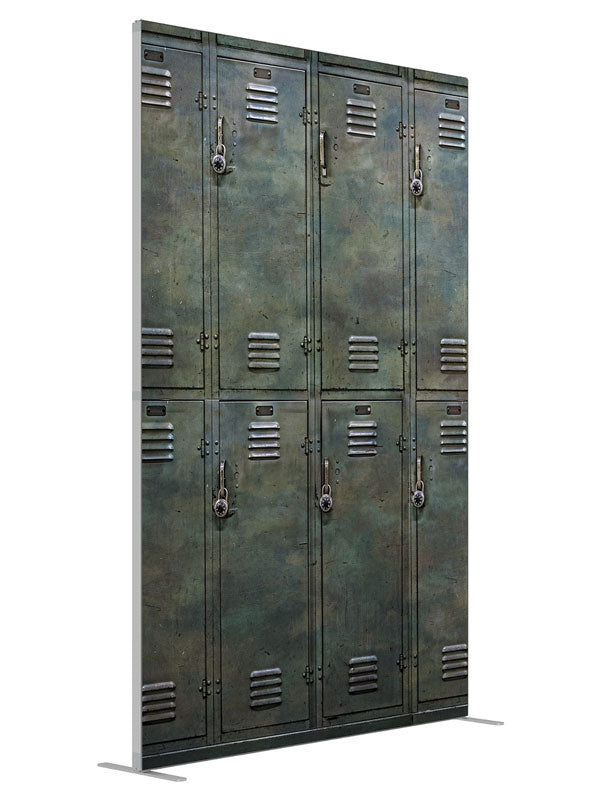 Gym Lockers shown at an angled view, photography backdrop panel for Denny StudioEdge silicone edge frame, 5 ft