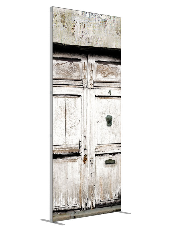 White Doors shown at an angled view, photography backdrop panel for Denny StudioEdge silicone edge frame, 3 ft
