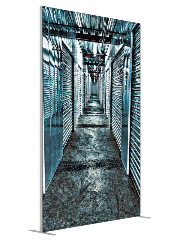 Sleek Industrial Storage Corridor shown at an angled view, photography backdrop panel for Denny StudioEdge silicone edge frame, 5 ft