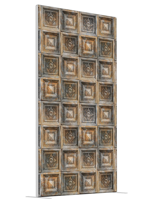 Baroque Rusted Tin shown at an angled view, photography backdrop panel for Denny StudioEdge silicone edge frame, 4 ft