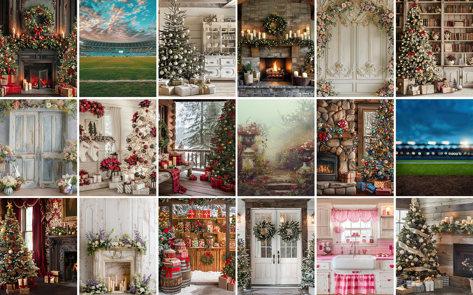 Collage of various festive indoor and outdoor scenes with Christmas decorations.