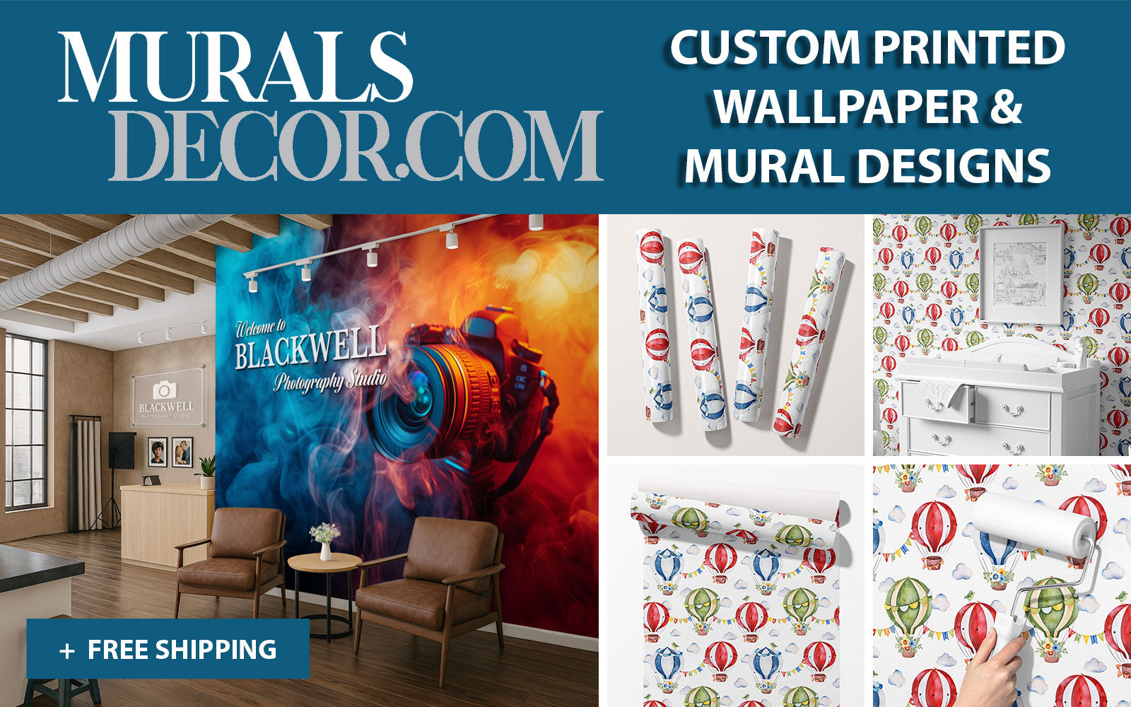 Promotional banner for MuralsDecor.com featuring custom printed wallpaper and mural designs.
