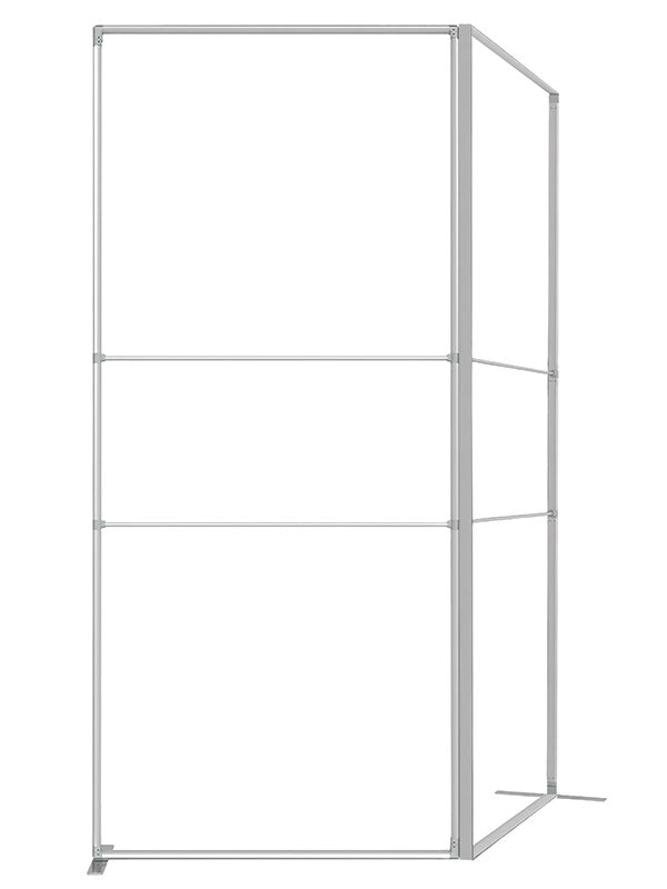 A 3 ft corner frame viewed from a three-quarter angle, showing both joined panels, in lightweight silver aluminum — part of the Denny StudioEdge modular backdrop frame system.