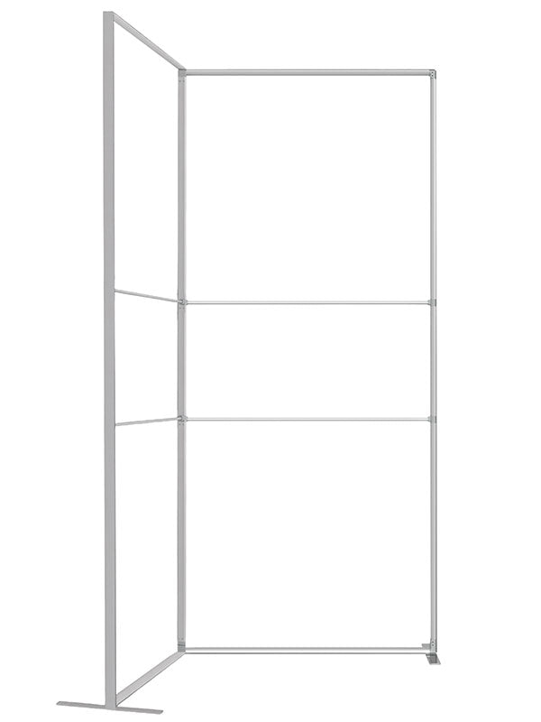 Two 3 ft frame panels joined into a 90-degree corner, viewed head-on, in lightweight silver aluminum — part of the Denny StudioEdge modular backdrop frame system.