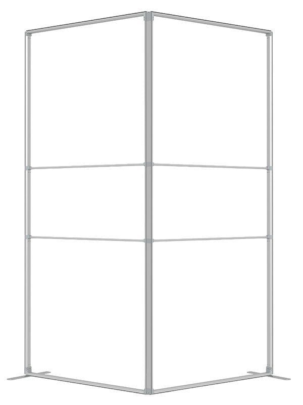 A 3 ft corner frame viewed from the side, with one panel in the foreground and the second angled behind it, in lightweight silver aluminum — part of the Denny StudioEdge modular backdrop frame system.