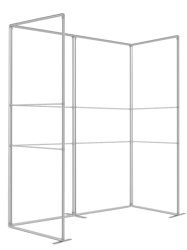 Two 3 ft frame panels joined at an angle to form an open wall configuration, viewed from the side, in lightweight silver aluminum — part of the Denny StudioEdge modular backdrop frame system.