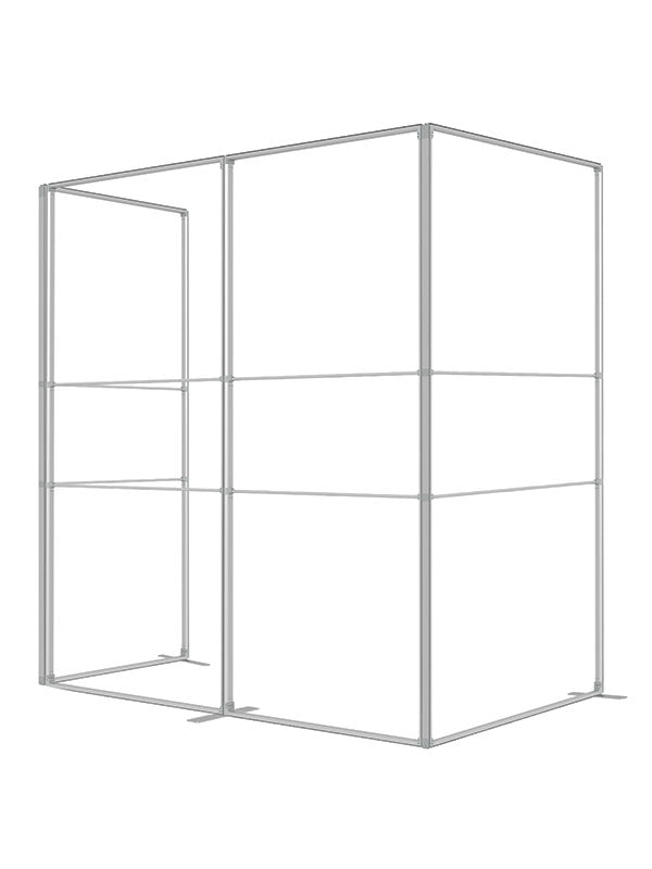 Multiple 3 ft frame panels joined into a walk-in room enclosure with an open entry side, viewed from above at an angle, in lightweight silver aluminum — part of the Denny StudioEdge modular backdrop frame system.
