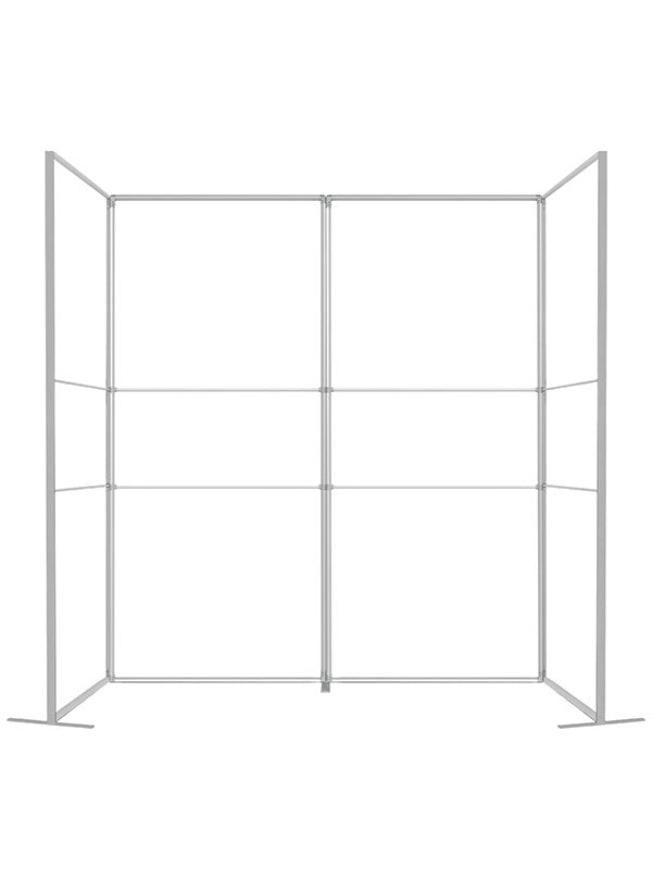 Two 3 ft frame panels joined side by side into one flat wall, viewed head-on, in lightweight silver aluminum — part of the Denny StudioEdge modular backdrop frame system.