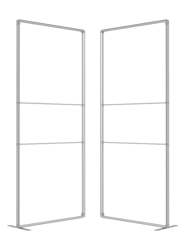 Two individual 3 ft frame panels standing side by side at an angle, not yet joined together, in lightweight silver aluminum — part of the Denny StudioEdge modular backdrop frame system.