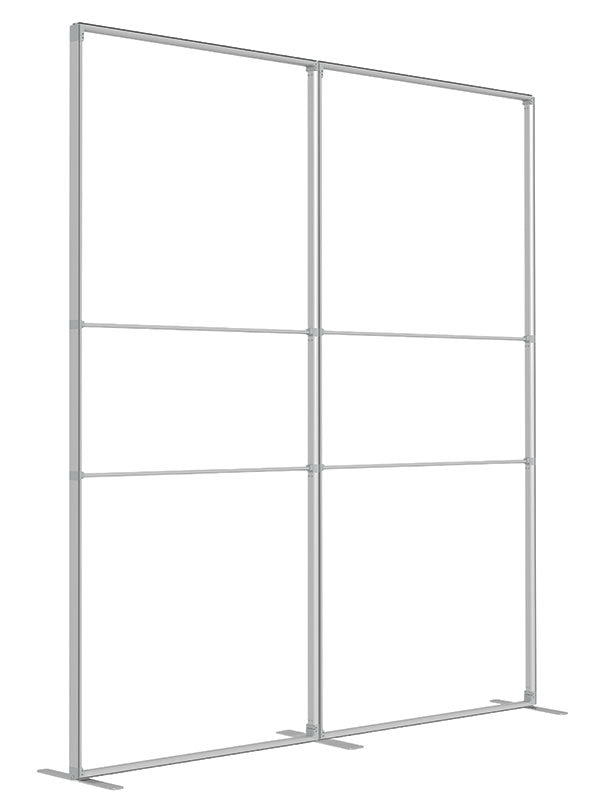 Two 3 ft frame panels forming a flat straight wall, viewed at an angle, in lightweight silver aluminum — part of the Denny StudioEdge modular backdrop frame system.
