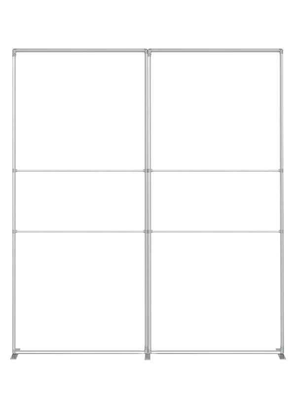 Two 3 ft frame panels forming a flat straight wall, viewed head-on, in lightweight silver aluminum — part of the Denny StudioEdge modular backdrop frame system.