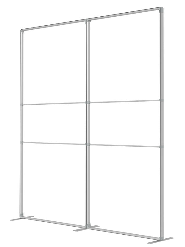 Two 3 ft frame panels forming a flat straight wall, viewed from a three-quarter angle, in lightweight silver aluminum — part of the Denny StudioEdge modular backdrop frame system.