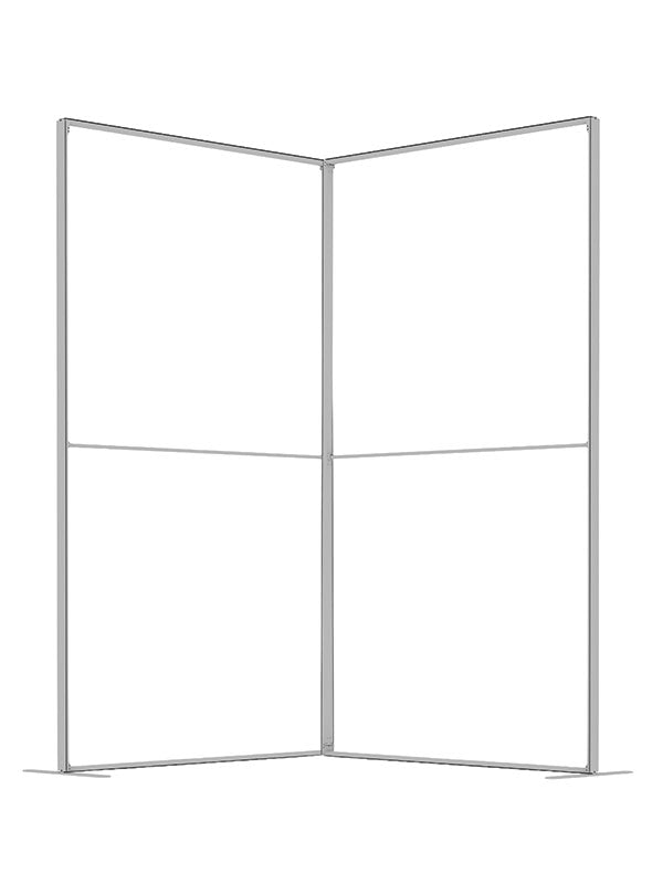 Two 4 ft frame panels joined into a 90-degree corner, viewed from a three-quarter angle, in lightweight silver aluminum — part of the Denny StudioEdge modular backdrop frame system.