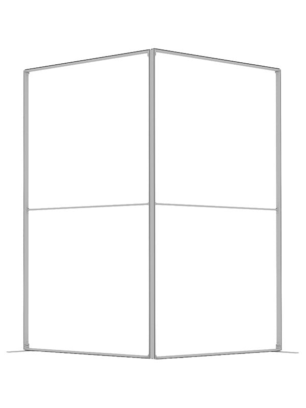 Two 4 ft frame panels joined into a 90-degree corner, viewed head-on, in lightweight silver aluminum — part of the Denny StudioEdge modular backdrop frame system.