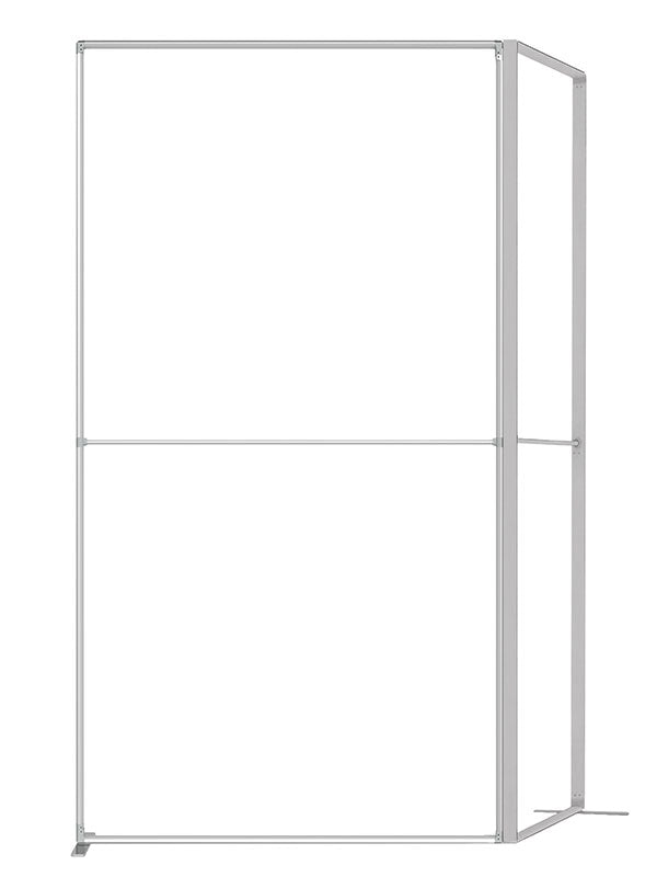 A 4 ft corner frame viewed from an elevated three-quarter angle, in lightweight silver aluminum — part of the Denny StudioEdge modular backdrop frame system.