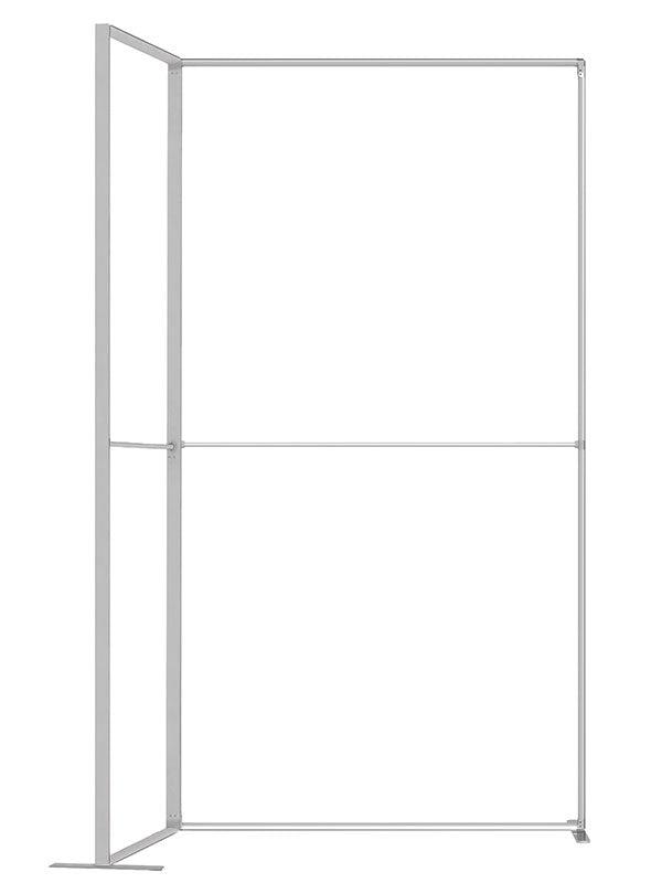 A 4 ft corner frame viewed from the side, with one panel prominent and a second panel angled behind it, in lightweight silver aluminum — part of the Denny StudioEdge modular backdrop frame system.
