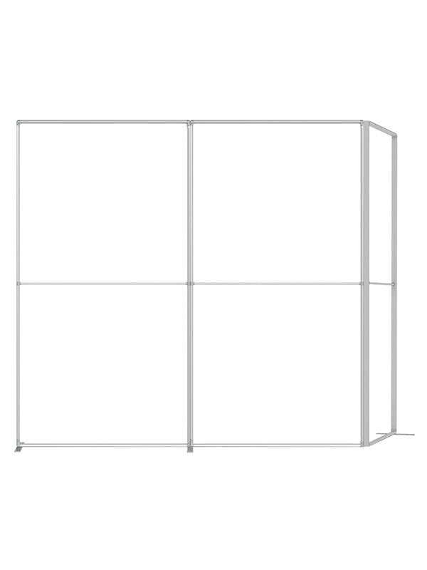 An expanded 4 ft frame configuration with a short angled return panel on the left side of an extended flat wall, viewed head-on, in lightweight silver aluminum — part of the Denny StudioEdge modular backdrop frame system.