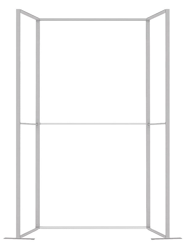 An expanded 4 ft frame configuration with a short angled return panel on the right side of an extended flat wall, viewed head-on, in lightweight silver aluminum — part of the Denny StudioEdge modular backdrop frame system.