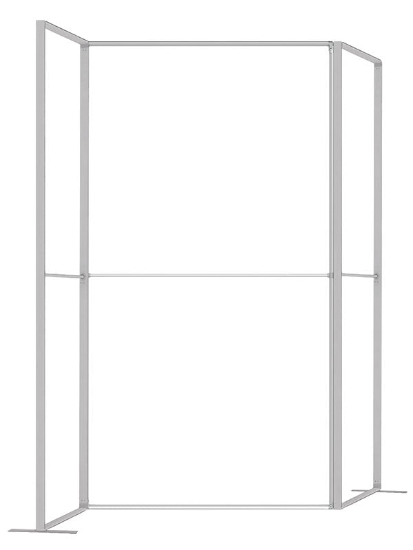An expanded 4 ft frame configuration forming a wide open corner with flanking side panels, viewed from an alternate three-quarter angle, in lightweight silver aluminum — part of the Denny StudioEdge modular backdrop frame system.