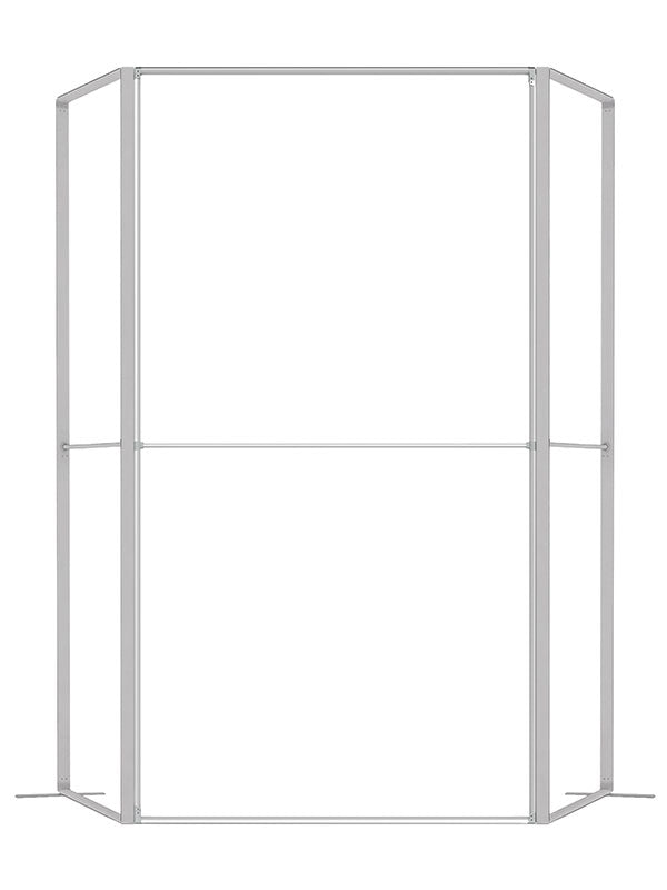 An expanded 4 ft frame configuration forming a wide open corner with flanking side panels, viewed from a three-quarter front angle, in lightweight silver aluminum — part of the Denny StudioEdge modular backdrop frame system.