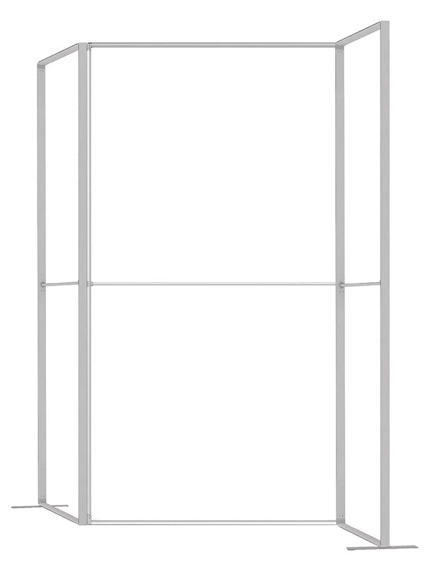 An expanded 4 ft frame configuration forming a wide open corner with flanking side panels, viewed from a further side angle, in lightweight silver aluminum — part of the Denny StudioEdge modular backdrop frame system.