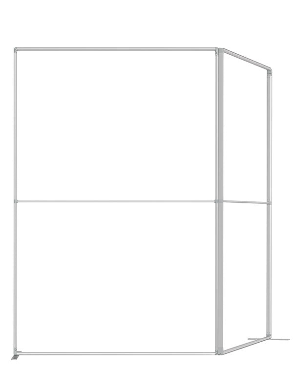 Two 5 ft frame panels joined into a 90-degree corner, viewed from a three-quarter angle, in lightweight silver aluminum — part of the Denny StudioEdge modular backdrop frame system.