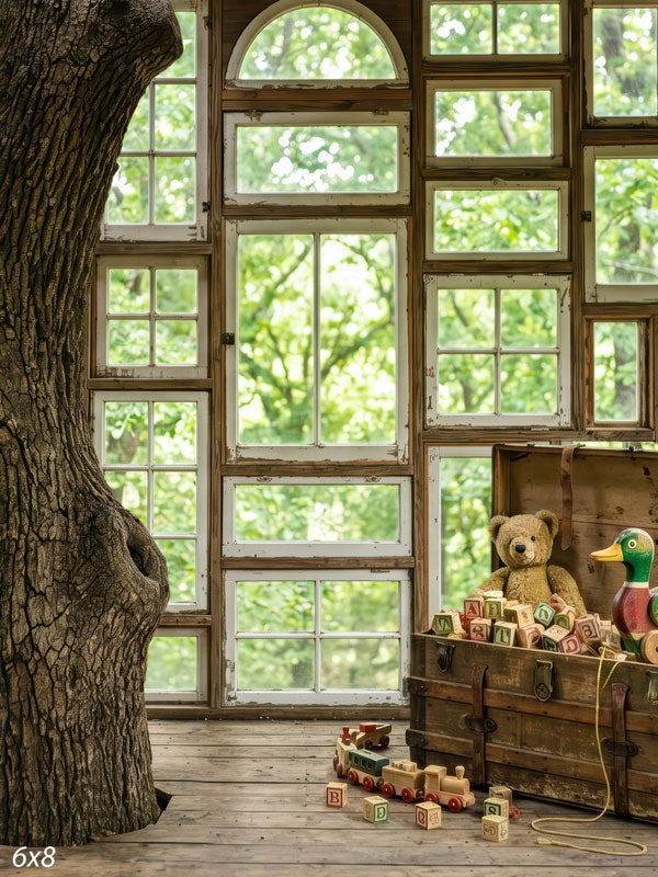Acorn Loft vintage treehouse window with toy chest photography backdrop CP-8972
