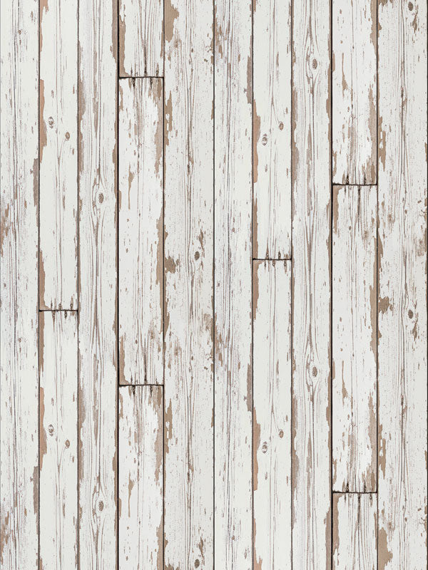 Realistic aged white wood plank floor drop with softly distressed paint and weathered texture, creating a natural coastal look for photography studios.