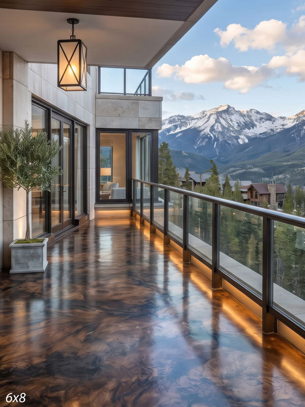 Modern resort balcony at dusk with a glossy floor and warm rail lighting receding toward snow-capped mountains, a scenic photography backdrop.