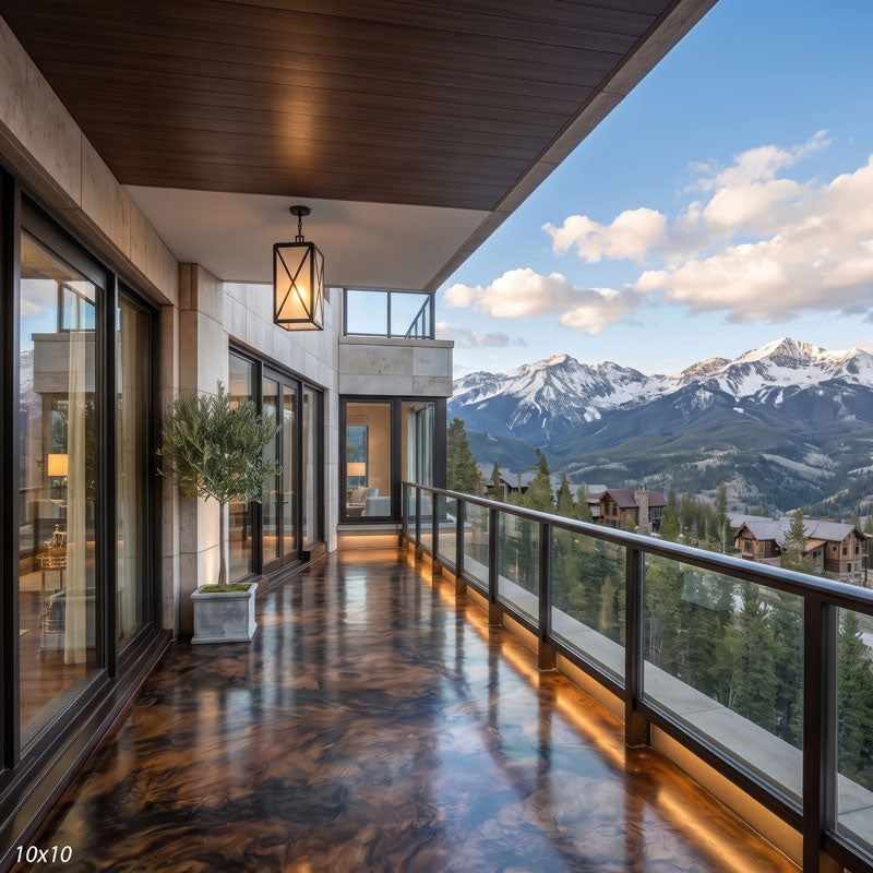 Wider view of the resort balcony showing a fuller mountain range, more twilight sky and lit interior rooms behind the glass, a scenic photography backdrop.